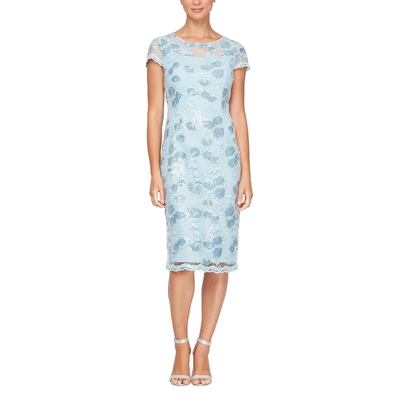 Alex Evenings Women's Short Knee Length Floral Embroidered Cocktail Sheath, Wedding Guest Dress, (Petite and Regular Sizes) Special Occasion, Sky Blue, 16
