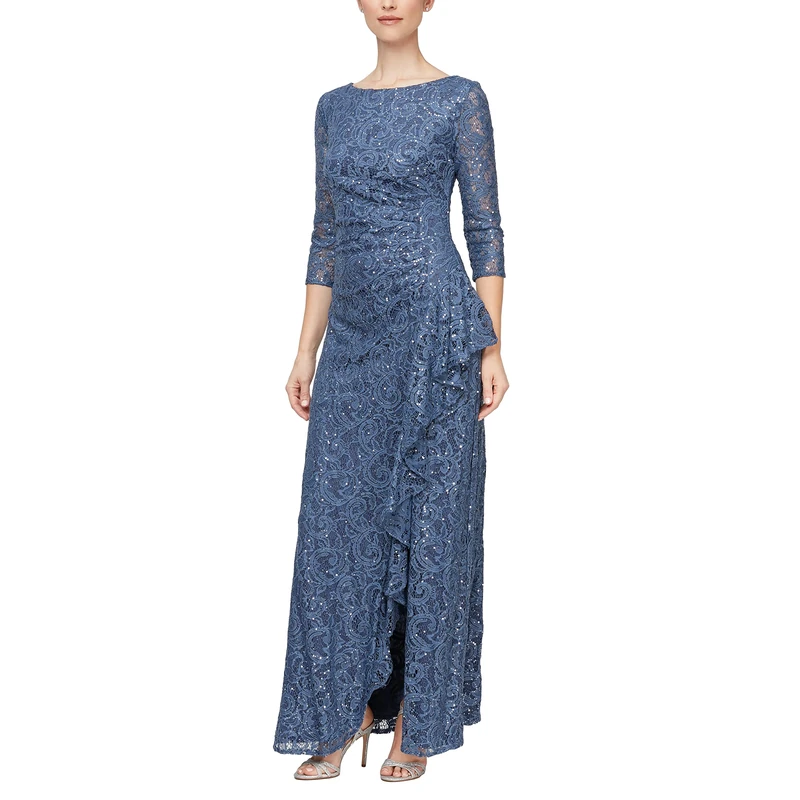 Alex Evenings Women's Long Sleeveless Cascade Ruffle Detail Dress with Front Slit Special Occasion, Wedgewood Sleeve, 16