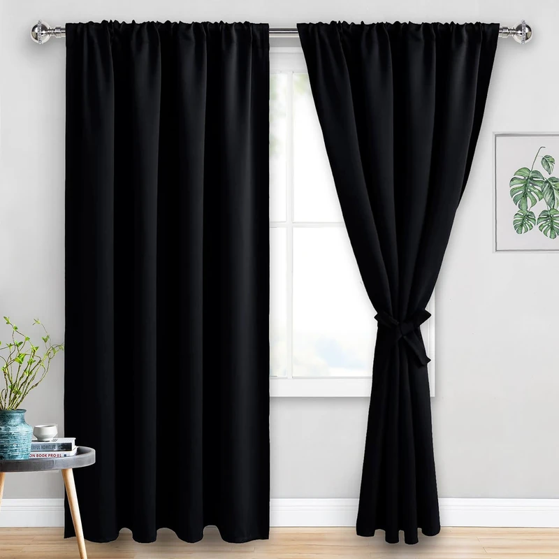 JIUZHEN Blackout Curtains for Bedroom - Thermal Insulated Room Darkening Rod Pocket Curtains for Living Room, Set of 2 Panels with Tiebacks, 70 x 96 Inch Length, Black