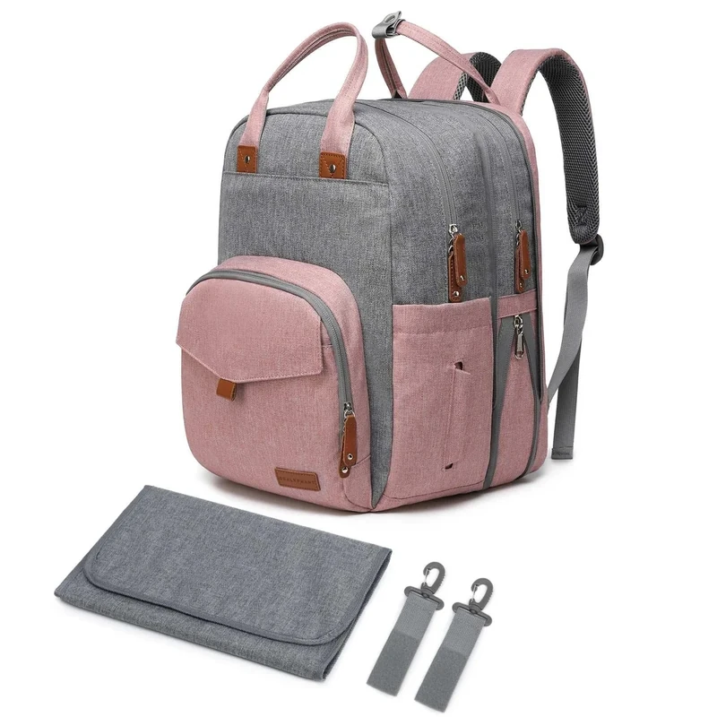Qualyphant Extra Large Diaper Bag For 2 , 35L Expandable Twin Backpack Travel/Shopping, Easy Access Design / 4 Big Insulated + Wet Cloth Pocket Babies Waterproof/Back Support, Pink Grey (Exp01)