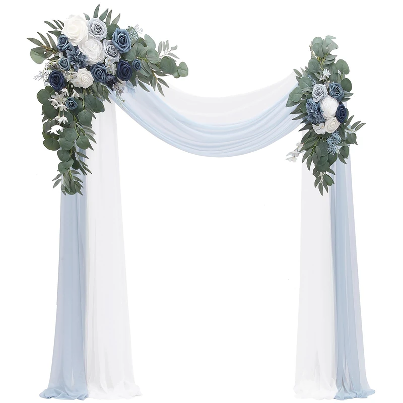 Floroom Arch Flowers with Drapes Kit (Pack of 4) - 2pcs Artificial Dusty Blue & Navy Blue Floral Swag Arrangement with 2pcs Draping Fabric for Wedding Ceremony Arbor and Reception Backdrop Decoration