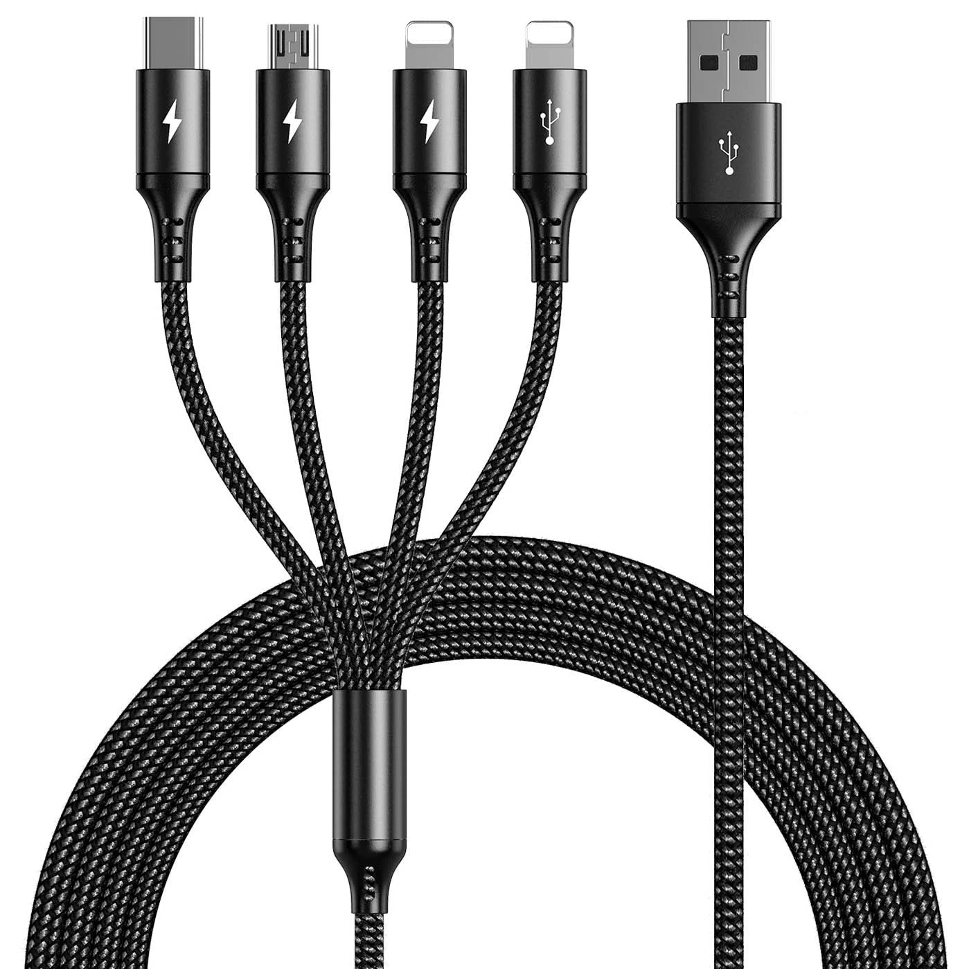 UZAHSK Multi Charger Long Cable,4 in 1 [4A/3M] Multi Charging Cord Nylon USB Charger Cable With 2*iP/Micro/Type C For Phone 17/16/15/14/13/12/11/X/8/7/S22/S21/Xiaomi/Huawei/OnePlus/Nexus/LG.