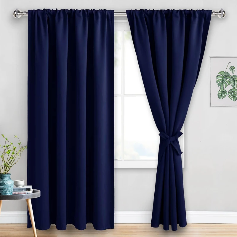 JIUZHEN Blackout Curtains for Bedroom - Thermal Insulated Room Darkening Rod Pocket Curtains for Living Room, Set of 2 Panels with Tiebacks, 70 x 96 Inch Length, Navy Blue