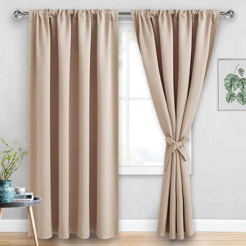 JIUZHEN Blackout Curtains for Bedroom - Thermal Insulated Room Darkening Rod Pocket Curtains for Living Room, Set of 2 Panels with Tiebacks, 60 x 96 Inch Length, Beige