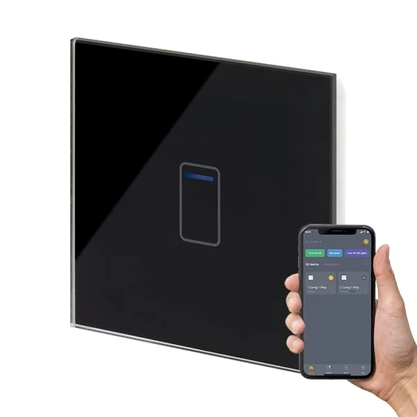 Retrotouch Crystal+ Touch WiFi Switch | 1 Gang Smart Light Switches | Multi Control | Remote Control | App Compatible With Alexa & Smart Life | Black Glass Finish | LED Indicator