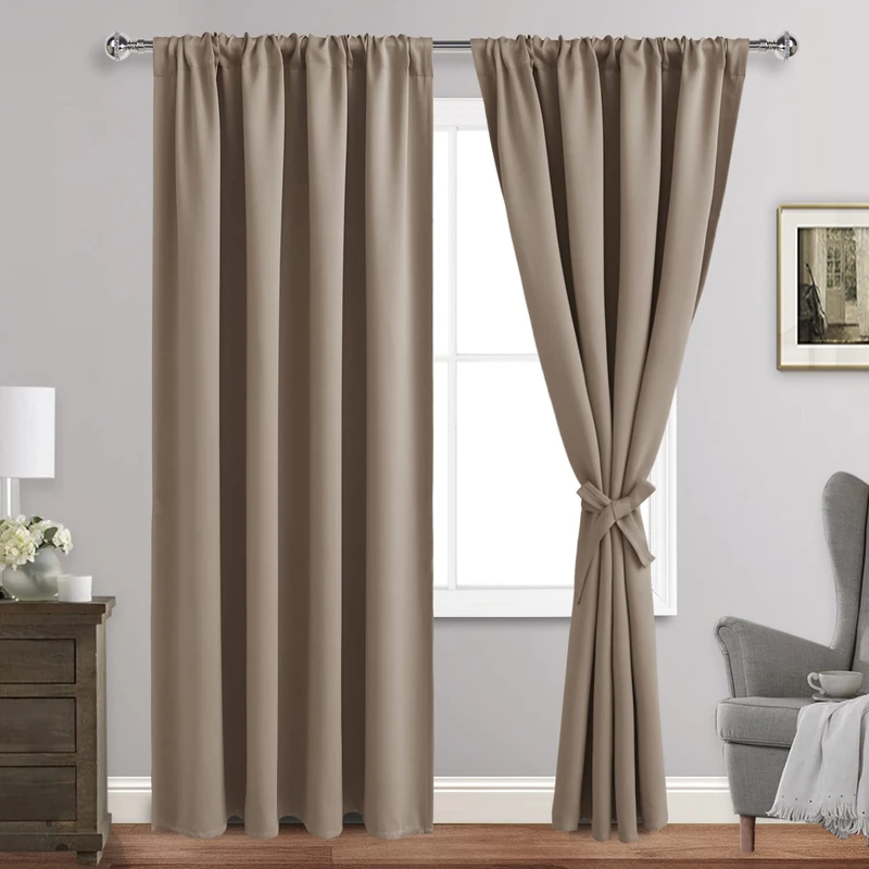 JIUZHEN Blackout Curtains for Bedroom - Thermal Insulated Room Darkening Noise Reducing, 52 x 96 Inch Length Curtains for Living Room, Set of 2 Panels with Tiebacks, Camel
