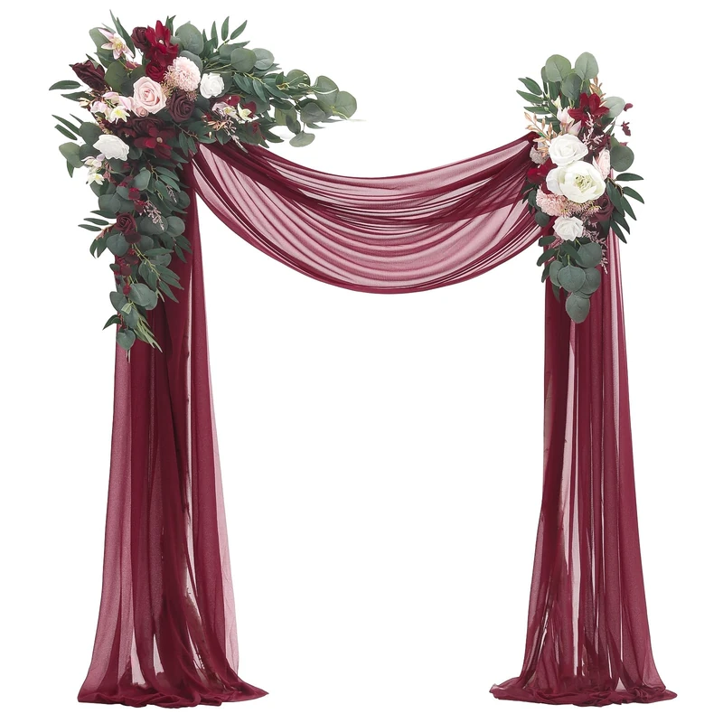 Floroom Arch Flowers with Drapes Kit (Pack of 4) - 2pcs Artificial Burgundy Floral Swag Arrangement with 2pcs Draping Fabric for Wedding Ceremony Arbor and Reception Backdrop Decoration