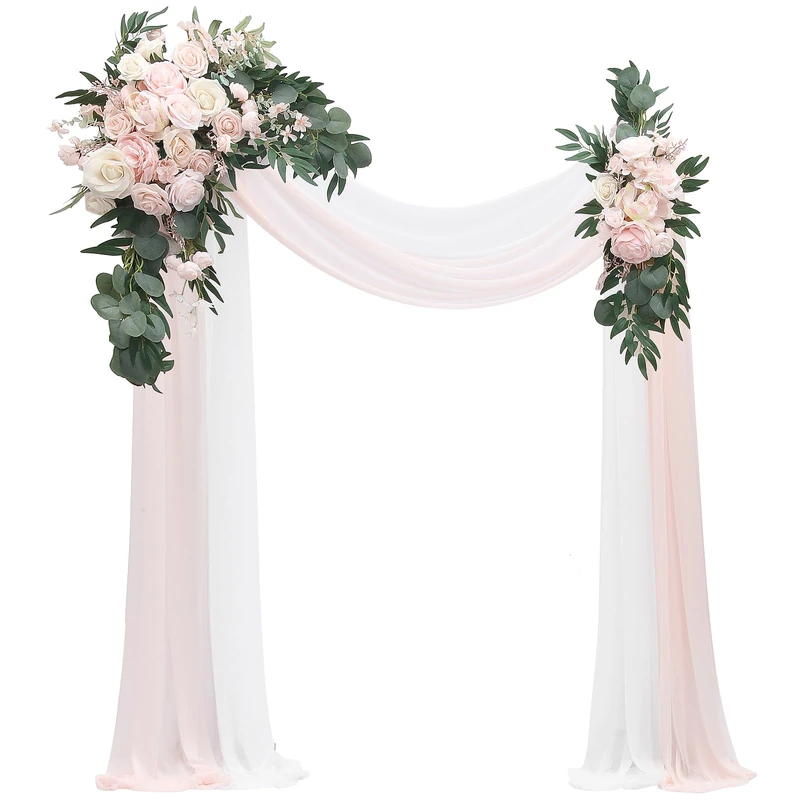 Floroom Curtains and Flower Arch, 4 Piece Set, 2 Pale Pink Artificial Flower Arrangements with 2 Drape Panels for Wedding Ceremony Reception Background Decoration