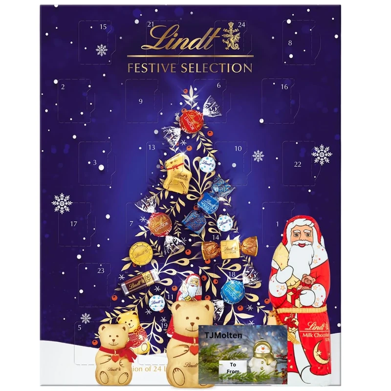Christmas Advent Calendar 2025 - TJMolten gift tag for New Linddt Advent GOLD COIN Festive Advent 2025 - Lindt milk chocolate teddy, Lindt Lindor/Milk/Swiss Chocolate Truffles 289g (chocolate advent)