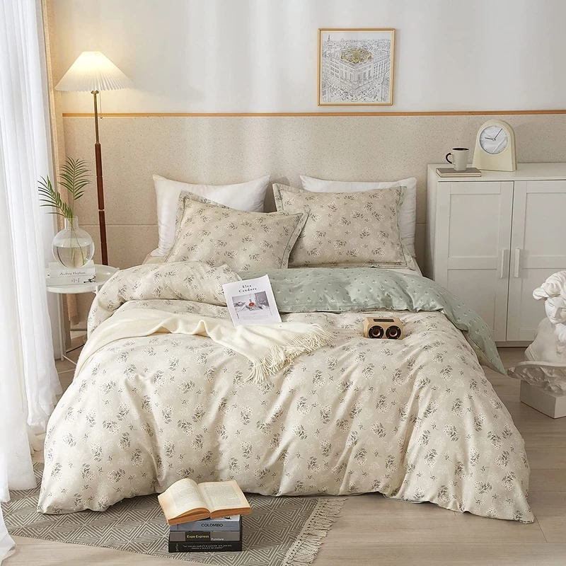 LifeTB Garden Style Duvet Cover Queen Soft Cotton Boho Bedding Sets Chic Shabby Botanical Queen Duvet Cover Girl Women Vintage Floral Comforter Cover with Zipper Closure 4 Ties