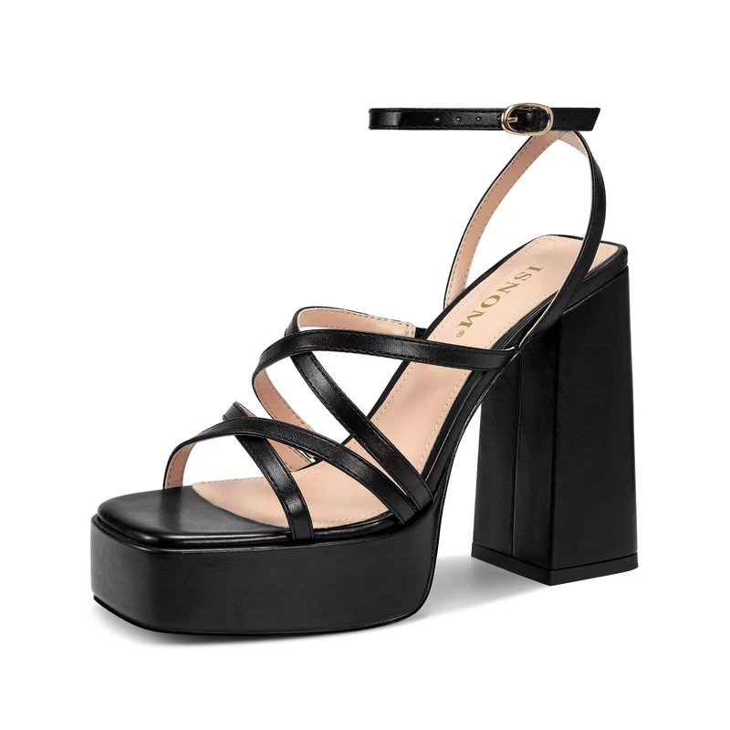 ISNOM Platform Chunky Heels for Women, Block Heel Sandals with Open Square Toe and Ankle Strap, Black, 5 UK - Image 1