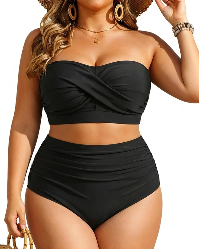 Yonique Women Plus Size Two Piece Swimsuits High Waisted Bathing Suits Bandeau Bikini Tummy Control Swimwear, Black, 20 Plus