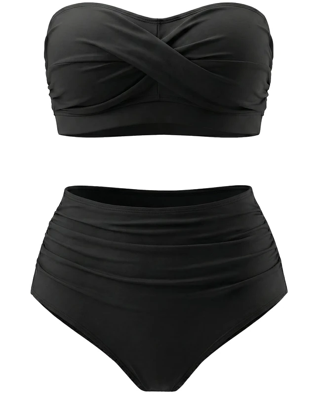 Yonique Women Plus Size Two Piece Swimsuits High Waisted Bathing Suits Bandeau Bikini Tummy Control Swimwear, Black, 22 Plus