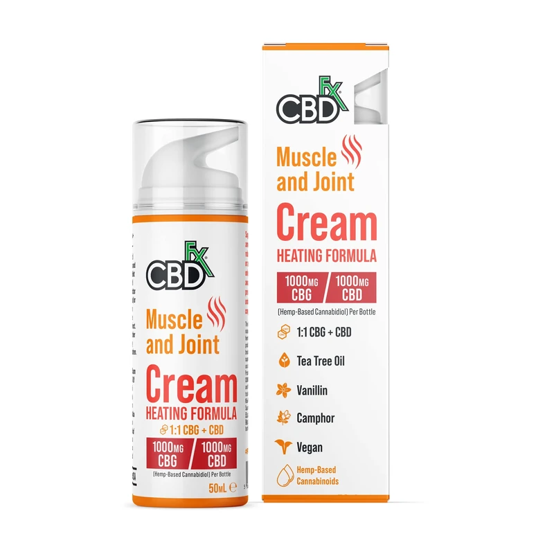 CBDfx 1000mg CBD/1000mg CBG, High Strength CBD Cream for Joints and Muscles with Caffeine, Vanillin, Tea Tree Oil and White Willow Bark, Heating Formula, 50ml