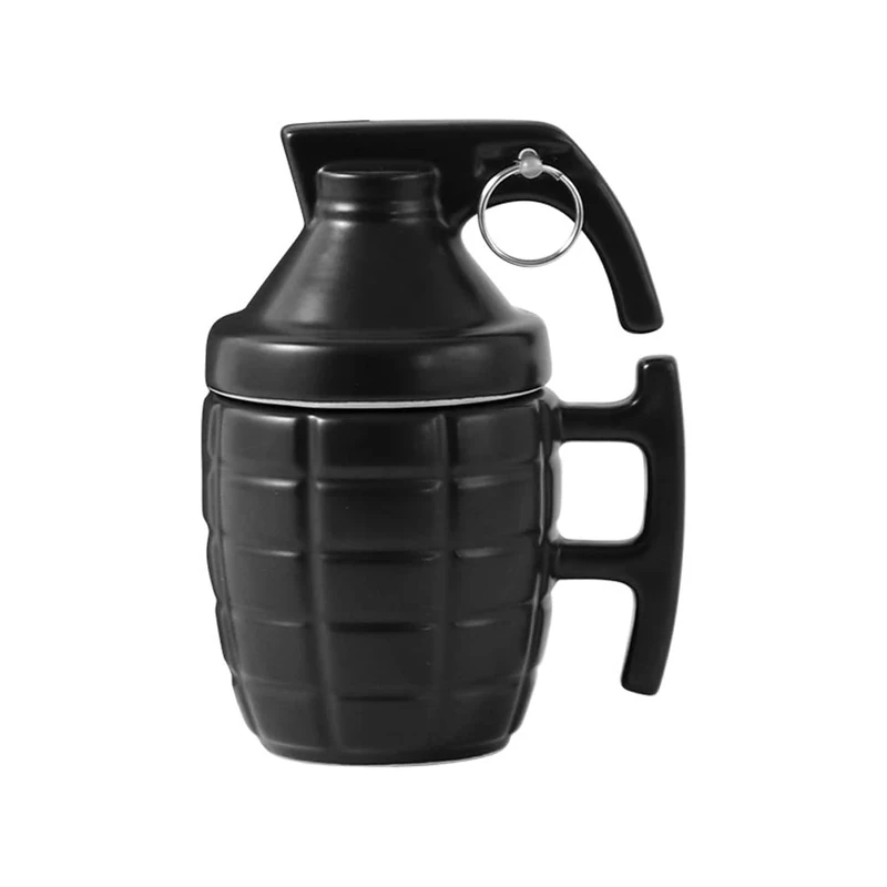 Hosoncovy Ceramic Grenade Coffee Mug with Lid - Black - Image 1