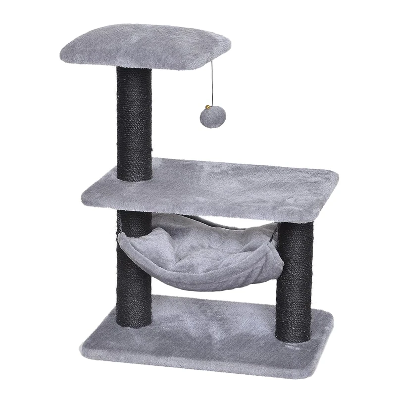 duvoplus, Tokyo Bridge Cat Scratching Post, 47 x 34.5 x 62 cm, Grey, with Hammock and Play Ball, Plush Toy and Sisal, in Compact Format, Soft Scratching Instinct for Your Cat