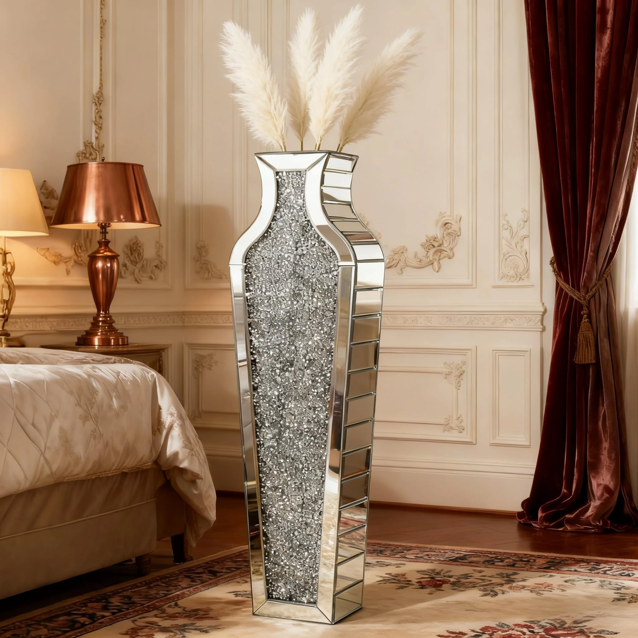 SHYFOY Tall Crushed Diamond Floor Vase Large Silver Mirror Vases for Decor Living Room Floor, Luxury Container for Dried Flower Arrangements Decor, 26.8 inches