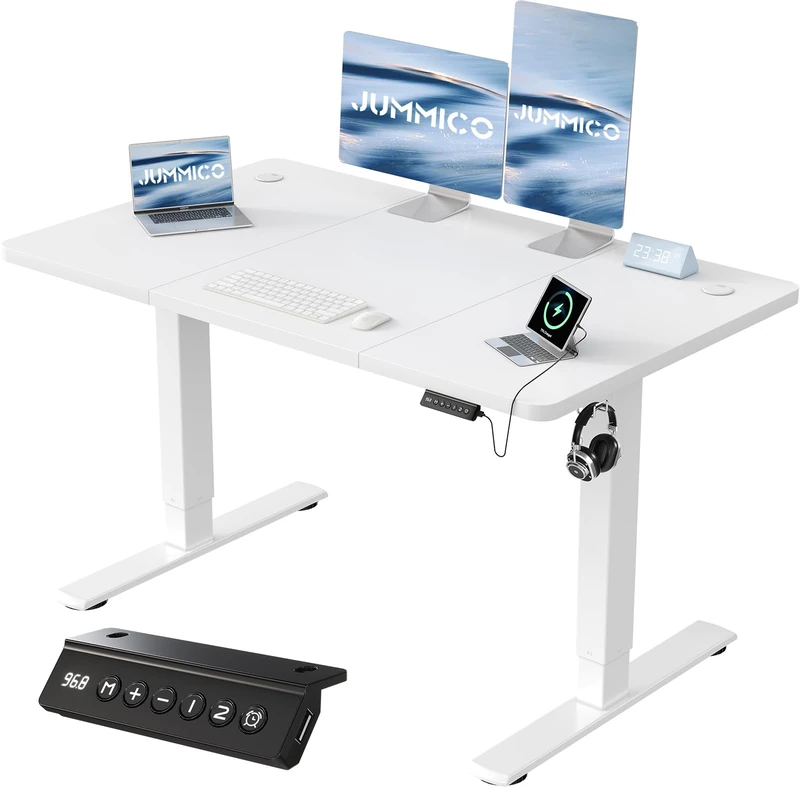 JUMMICO 120x60cm Electric Standing Desk with USB Charging Height Adjustable Desk with Sedentary Reminder Stand Up Desk with Splice Board for Home Office,White
