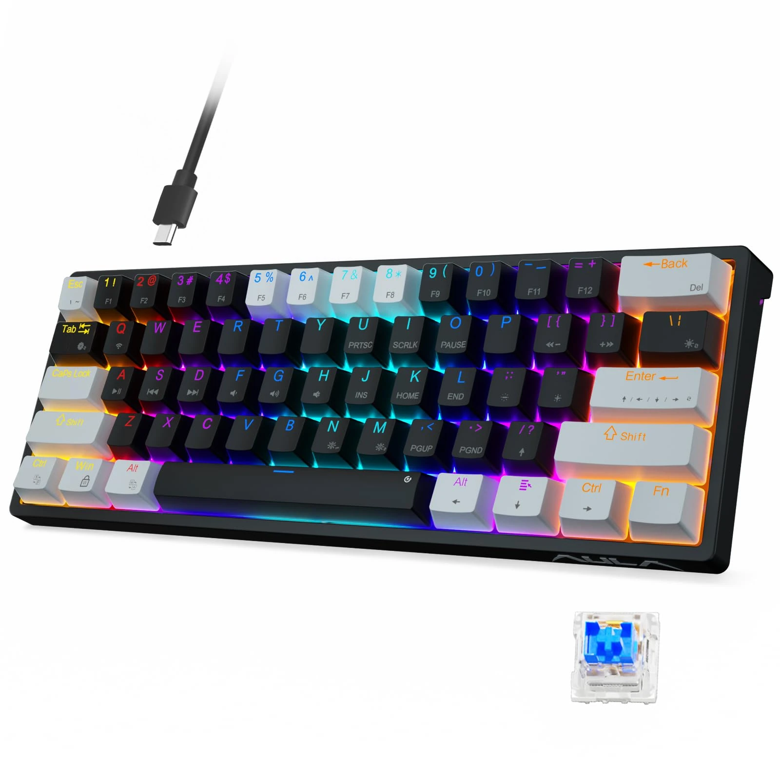 AULA 60 Percent Wired Mechanical Gaming Keyboard, 29 RGB Backlit Custom Hot Swappable Keyboards, Blue Switch 60% Mini Small Compact Design for PC/Mac/Laptop/Wins(Wired Version)