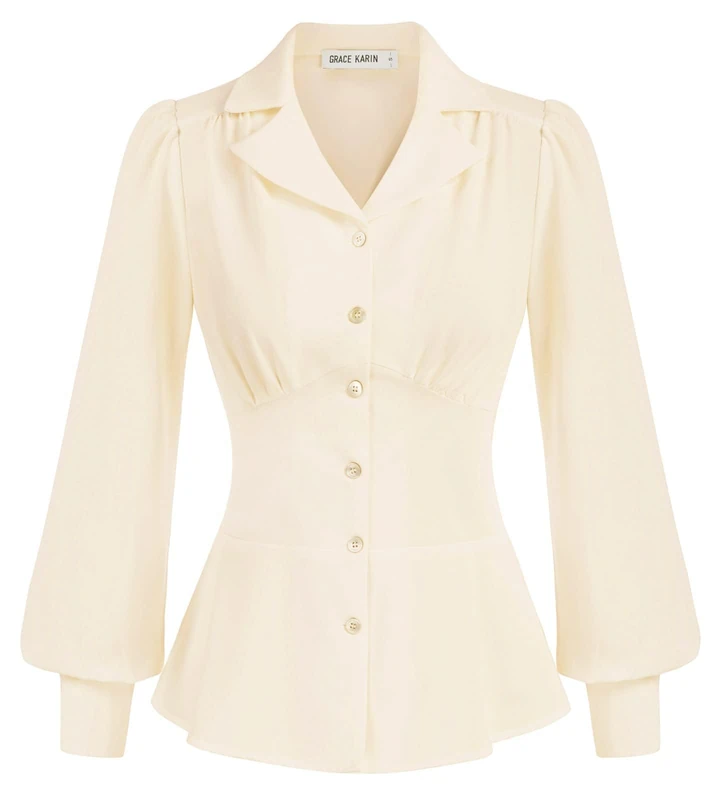 Grace Karin Button Down Shirts for Women Peplum Tops Long Sleeve Work Blouse Collared Shirt Dressy Top, Ivory, M