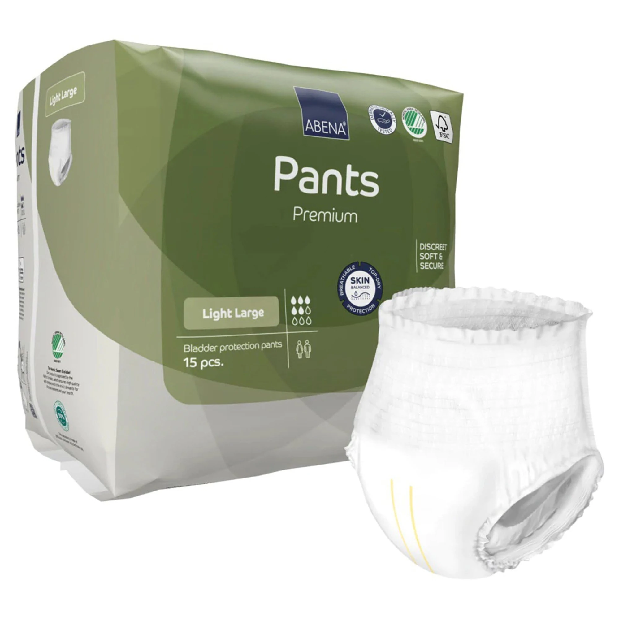 Abena Incontinence Pants Light, Eco-Labelled Incontinence Pants for Men & Women, Comfortable, Protective & Discreet, Fast Absorption, Sustainable Incontinence Pads - L0, 900ml, 40-56" Waist, 15PK