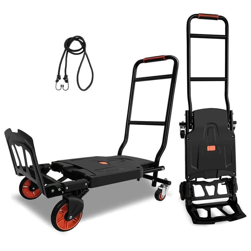 Folding Hand Truck Dolly With 440lbs Capacity & 4 Wheels - 2in1 Transform Heavy Duty Portable Cart for Home/Office/Travel Use - Collapsible Small Platform, Easy Storage