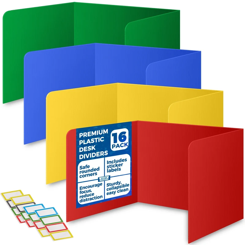 16-Pack Desk Dividers for Students - Durable & Waterproof Plastic Study Carrel Divider, Classroom Folders Teacher Supplies, Easy-to-Clean Plastic Privacy Shield Boards for Student Desks