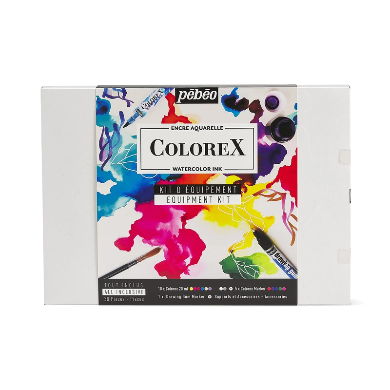 Pebeo Set Drawing & Illustration Kit Watercolour Ink 10 Colours 20 ml, 4 Colorex Marker and 18 Accessories, Détails en Description, Non Applicable