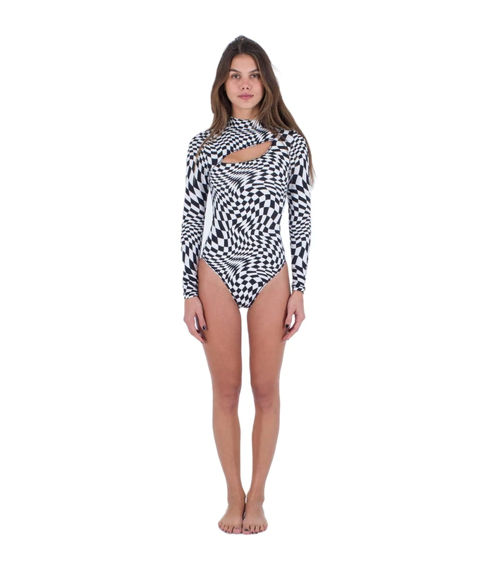 Hurley Women's Nascar Moderate Surfsuit One Piece Swimsuit, Black White, L