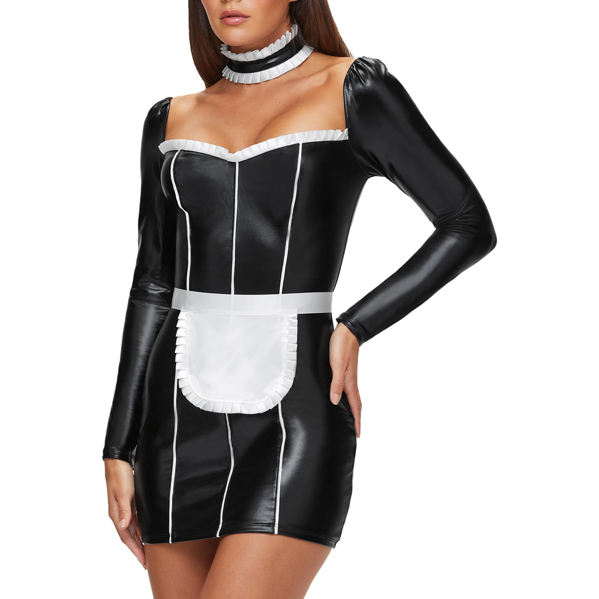 Ann Summers Madame Maid Outfit – PU French Maid Dress with Satin Apron & Headband for Role Play, Hen Dos or Halloween – Striking Fancy Dress Costume with Long Sleeves & Corset-Inspired Front