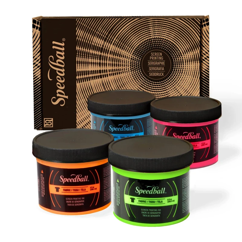 Speedball Fluorescent Screen Printing Ink Set 4X 4oz Jars, Water-Based Print Making Ink, Low Odour, Easy Clean Up, Works On Paper, Cardboard, Cotton, Canvas, Fabric, Synthetics, Art Set Supplies