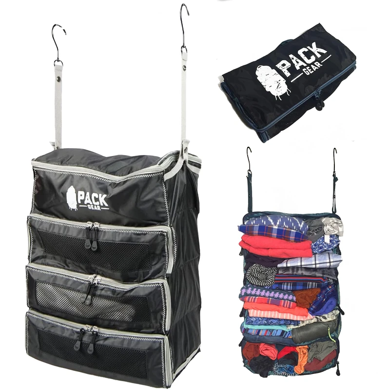 Pack Gear Hanging Suitcase Organizer, Travel Essential Foldable Packing Cubes, Pack Large or Carry On Luggage, Shelf Organizer for Closet (Black) (Medium)