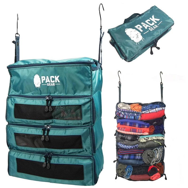 Pack Gear Suitcase Organizer | Pack More in your Large or Carry On Luggage | Unpack Instantly with these Compression Packing Cubes for Suitcases | Hanging Shelf Organizer for Closet (Black) (Medium)