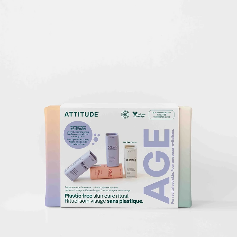 ATTITUDE Oceanly Aging Skin Daily Facial Care Routine Box Set, EWG Verified, Plastic-free, Plant and Mineral-Based Ingredients, Vegan Skin Care Products, PHYTO AGE, Set of 4 Travel Size Bars