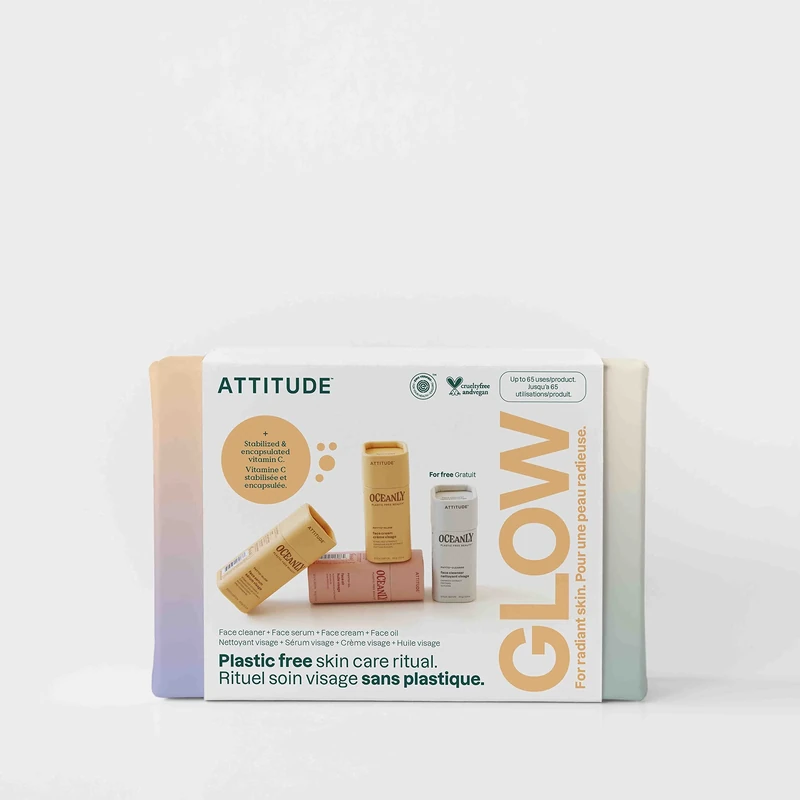 ATTITUDE Oceanly Radiant Skin Daily Facial Care Routine Box Set, EWG Verified, Plastic-free, Plant and Mineral-Based Ingredients, Vegan Skin Care Products, PHYTO GLOW, Set of 4 Travel Size Bars