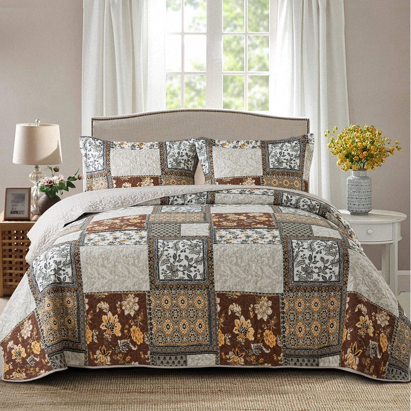 NEWLAKE Cotton Bedspread Quilt Sets-Reversible Patchwork Coverlet Set, Chic Floral Paisley Pattern, King Size