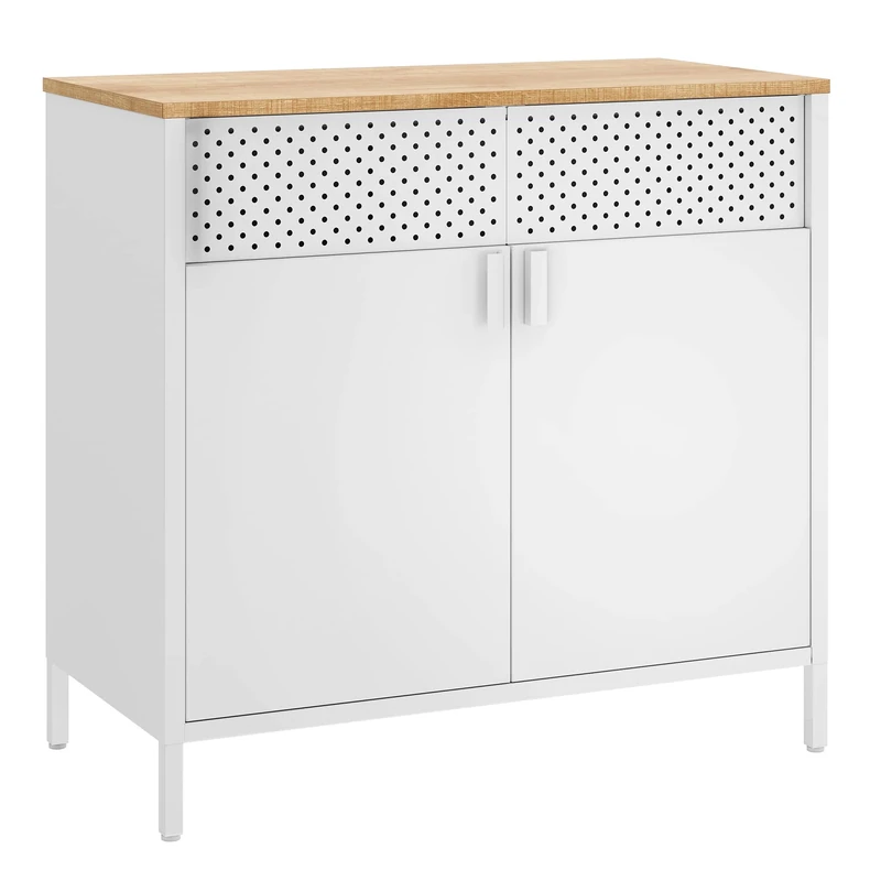 SONGMICS Storage Cabinet, Metal Cabinet with Double Doors, Magnetic Closure, Adjustable Shelf, Steel Frame, Natural and White LSC102W57