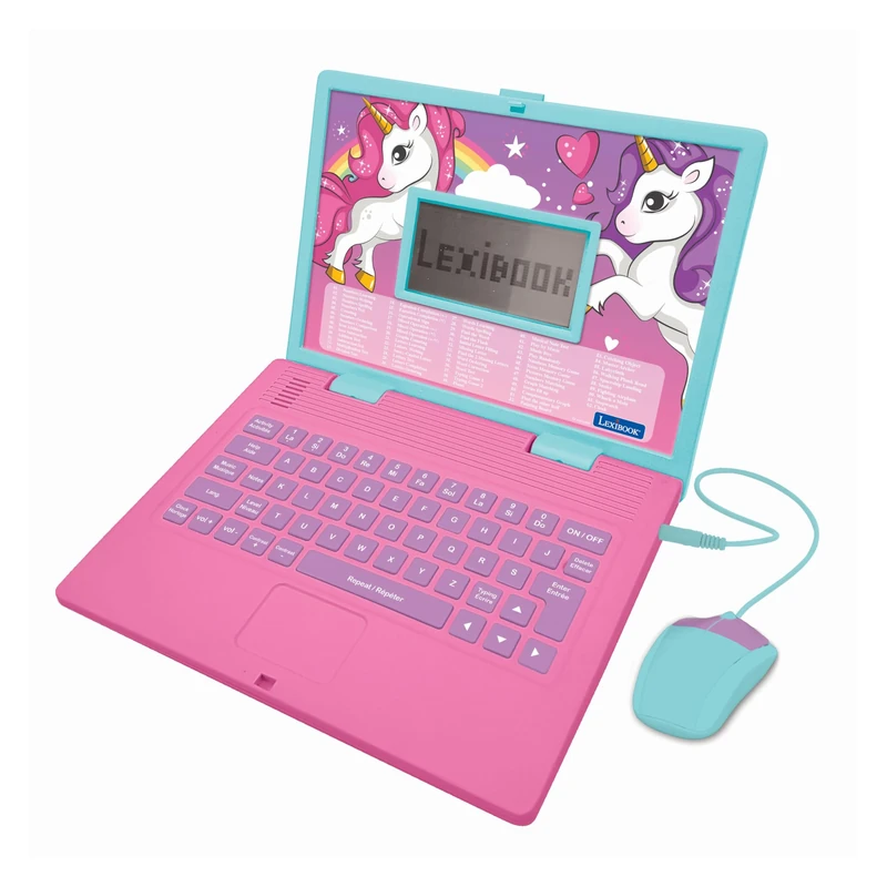 LEXIBOOK, Unicorn, Educational and Bilingual Laptop French/English, Toy for Children with 124 Activities to Learn Mathematics, Dactylography, Logic, Clock Reading, Games and Music, Pink, JC598UNIi1