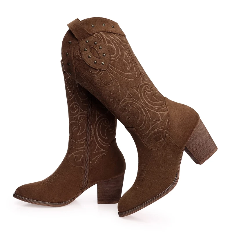SHIBEVER Cowboy Boots for Women Pointed Toe Pull-On Cowgirl Boots Mid Calf Western Embroidered Booties, Dark Brown, 5 UK