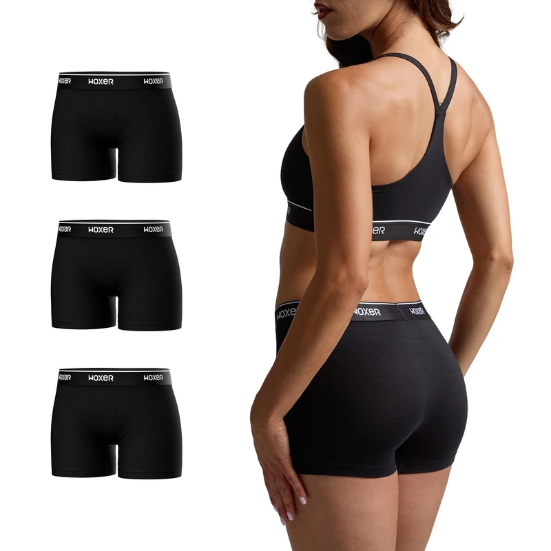 Woxer Womens Boxer Briefs Underwear, Star 3” Boyshorts Panties Soft Anti-Chafing, No Roll Inseam, 3pk Black 2.0, M