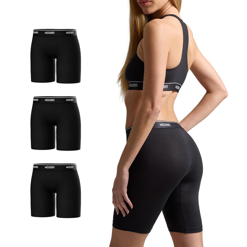 Woxer Womens Boxers - Biker 9" Boy Shorts Underwear for Women, Modal Boxer Briefs, Chafe Free, Womens Underwear, Black 2.0 3pk, L