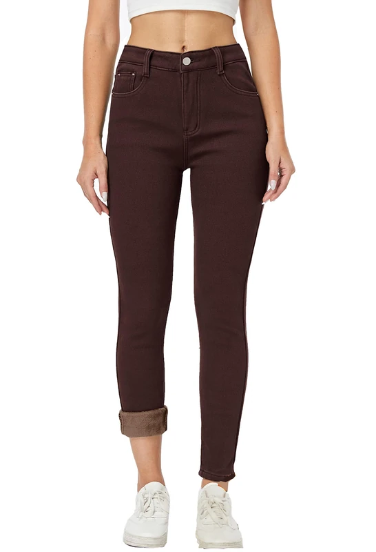 heipeiwa Womens Winter Jeans Thick Skinny Pants Fleece Lined Slim Stretch Warm Jeggings, Brown 01, Large