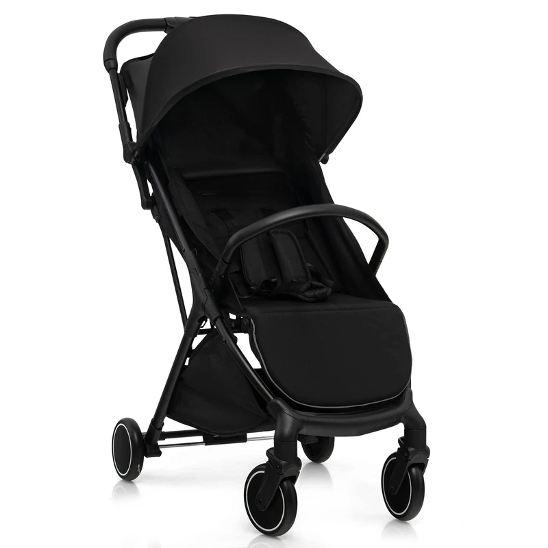 GYMAX Baby Stroller, Lightweight Baby Pushchair with One Hand Folding, 5-Point Safe Belt, Lockable Wheel, Adjustable Footrest, Canopy & Backrest, Travel Toddler Buggy for 0-3 Years Old (Black)