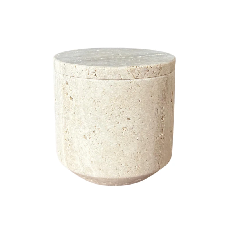 StonePlus Natural Marble Hole Stone Cosmetic Cotton Swab Sundry Small Tank Storage Box Jar with Lid (Yellow Travertine) - Image 1