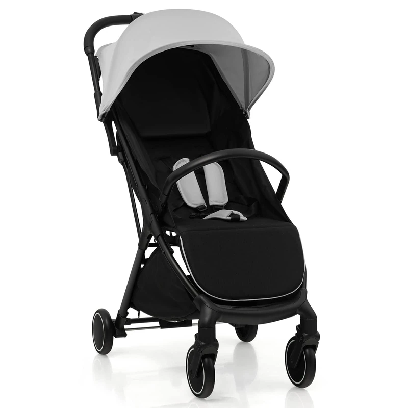 GYMAX Foldable Baby Stroller, Portable Baby Pushchair with One Hand Folding, 5-Point Safe Belt, Lockable Wheel, Adjustable Footrest, Canopy & Backrest, Travel Toddler Buggy for 0-3 Years Old (Gray)
