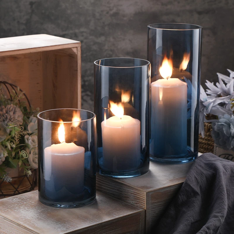 Set of 3 Blue Clear Hurricane Candle Holder Glass Cylinder Vases 6, 8, 10 Inches Height Hurricane Vases for Centerpieces Home Table Decor - Image 1