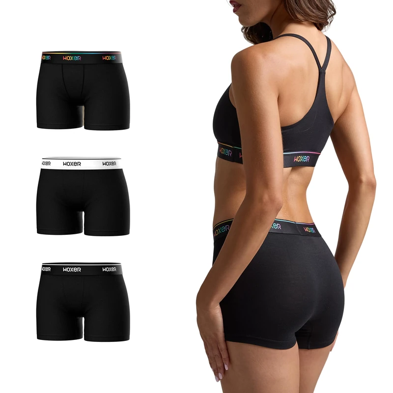 Woxer Womens Boxer Briefs Underwear, Star 3” Boyshorts Panties Soft Anti-Chafing, No Roll Inseam, 3pk Best of Black, XL