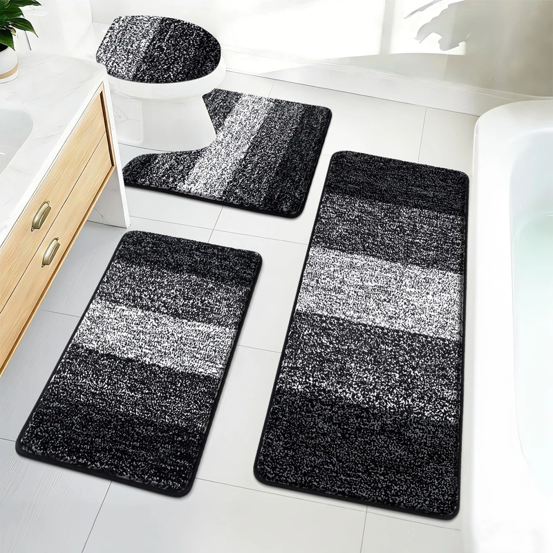 Bsmathom 4 Piece Bathroom Rug Set with Toilet Lid Cover, Non-Slip, Absorbent, Machine Washable, Black, 18"x26"+18"x48"+U20"x24"+Cover19"x21"