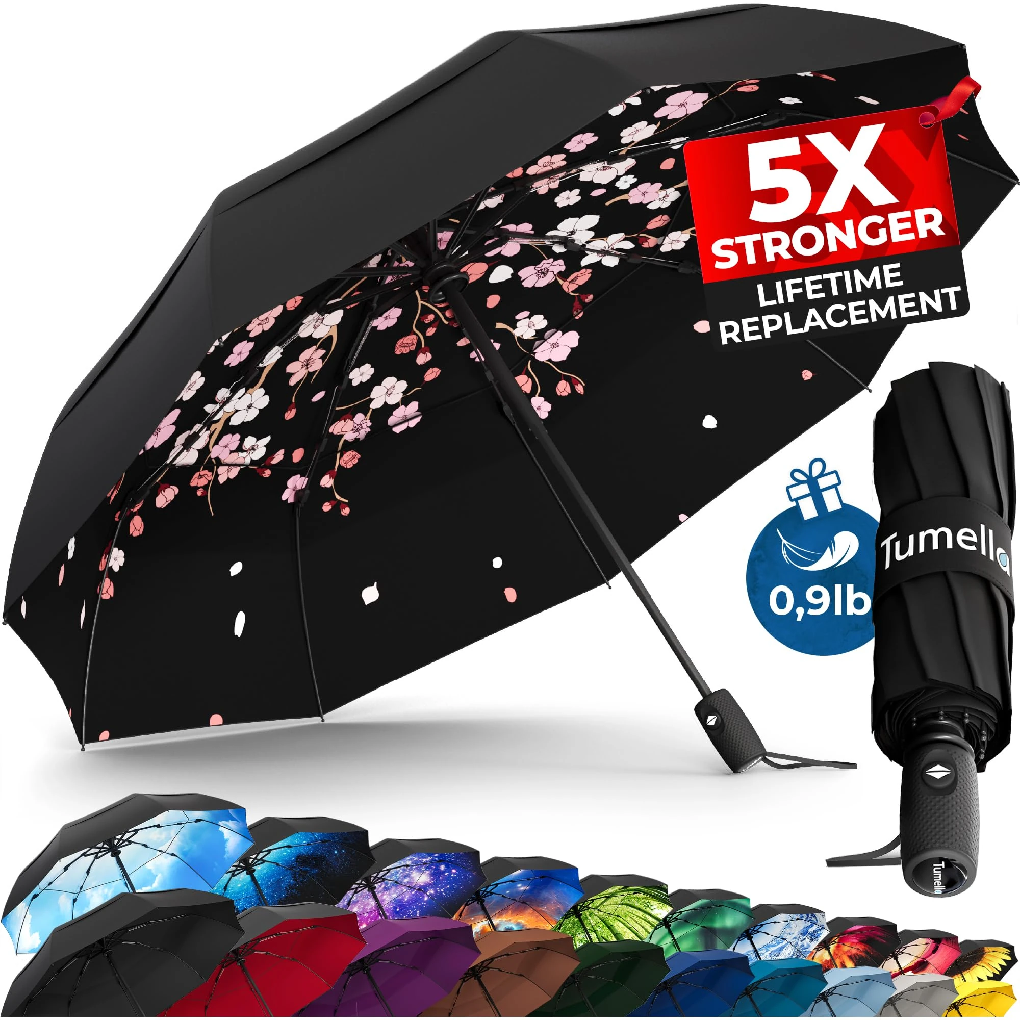 TUMELLA Strongest Windproof Travel Umbrella (Compact, Superior & Beautiful), Small Strong but Light Portable and Automatic Folding Rain Umbrella, Durable Premium Grip, Fits Car & Backpack Black Purple