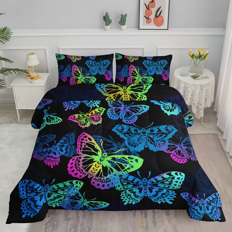 Axolotl Colorful Butterflies Bedding Set,Queen Size Kids Bed Set,Gradient Butterfly Comforter Set,1 Quilt with 2 Pillowcases for Boys Girls Kids Teens Children Adults Room Decor All Season,Black
